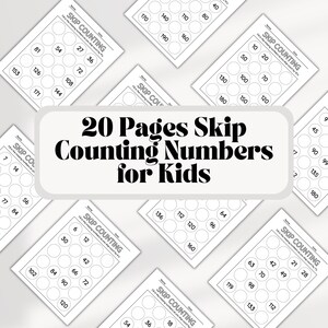 May include: A collection of 20 pages of skip counting worksheets for kids. Each worksheet features a grid of circles with numbers, designed to help children practice counting by multiples. The title "20 Pages Skip Counting Numbers for Kids" is displayed prominently.