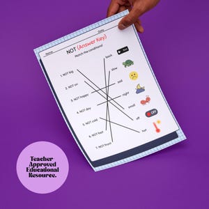 K&ouml;nnte beinhalten: Ein wei&szlig;es Arbeitsblatt mit dem Titel "NOT (Answer Key)" und dem Text "Match the conditions!" wird vor einem lila Hintergrund gehalten. Das Arbeitsblatt hat Linien, die W&ouml;rter und Bilder verbinden. Ein Aufkleber lautet "Teacher Approved Educational Resource."