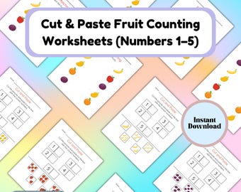 Cut & Paste Fruit Counting Worksheets (Numbers 1–5) – Preschool Math Printable PDF for Toddlers Fine Motor Skills