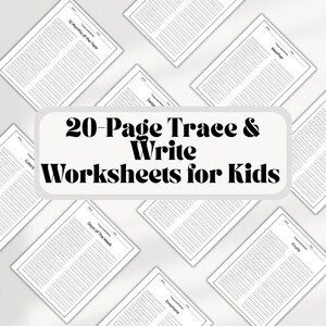 May include: A selection of white worksheets with black text, arranged around a central banner. The banner reads "20-Page Trace & Write Worksheets for Kids." Individual worksheets are labelled with topics such as "12 Months of the Year" and "Colors."
