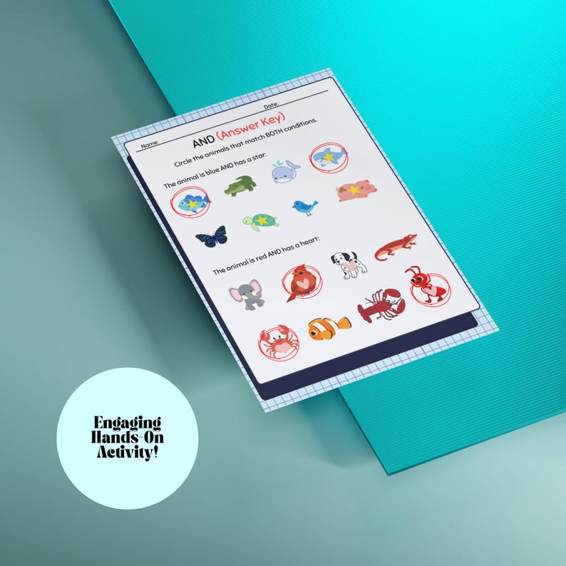 K&ouml;nnte beinhalten: Ein Arbeitsblatt mit dem Text "AND (Answer Key)" mit Tierillustrationen. Die Anweisungen fordern das Einkreisen von Tieren, die zwei Bedingungen erf&uuml;llen. Das Arbeitsblatt befindet sich auf einem blau-gr&uuml;nen Hintergrund, mit einem wei&szlig;en Kreis mit der Aufschrift "Engaging Hands On Activity!"