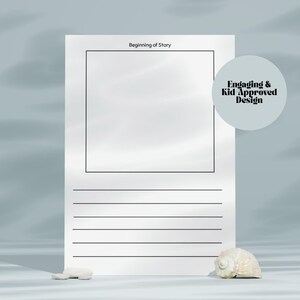May include: A white paper with a black border, lines, and the text "Beginning of Story." A seashell and small white stones are at the bottom. A light blue circle with the text "Engaging & Kid Approved Design" is on the right.