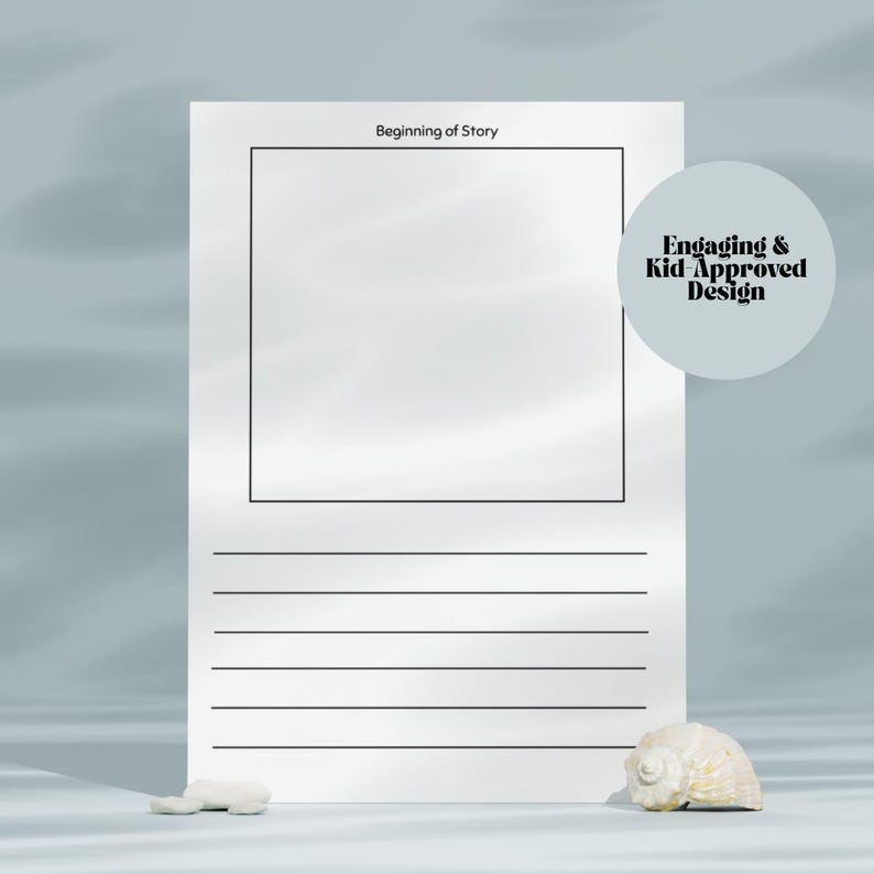 May include: A white paper with a black border, lines, and the text "Beginning of Story." A seashell and small white stones are at the bottom. A light blue circle with the text "Engaging & Kid Approved Design" is on the right.