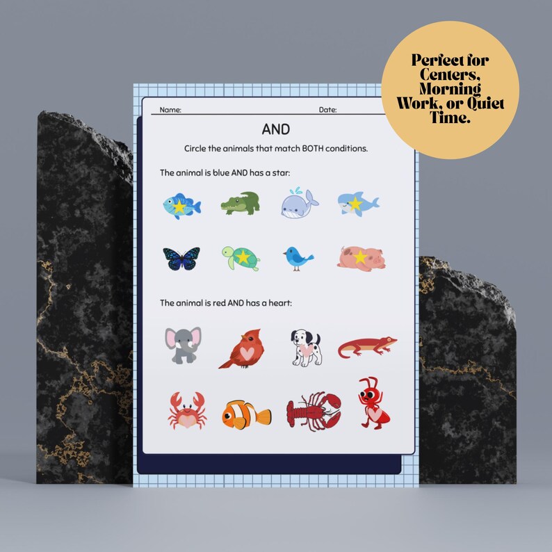 K&ouml;nnte beinhalten: Ein Arbeitsblatt mit dem Wort "UND" und Anweisungen zum Einkreisen von Tieren, die den Bedingungen entsprechen. Das Arbeitsblatt zeigt farbenfrohe Illustrationen verschiedener Tiere. Ein gelber Kreis mit dem Text "Perfekt f&uuml;r Zentren, Morgenarbeit oder ruhige Zeit."
