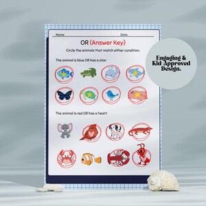 K&ouml;nnte beinhalten: Ein Arbeitsblatt f&uuml;r Kinder mit Tierillustrationen f&uuml;r eine Zuordnungs&uuml;bung. Der Text lautet "ODER (Antwortschl&uuml;ssel)" und "Kreisen Sie die Tiere ein, die entweder der Bedingung entsprechen." Das Arbeitsblatt hat einen blauen Gitterrand.