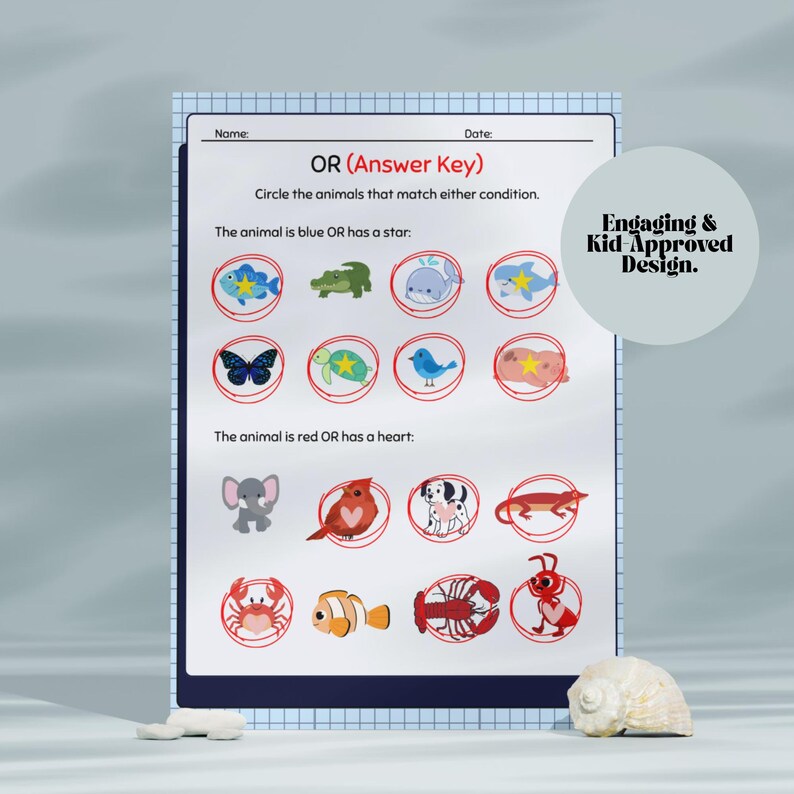 K&ouml;nnte beinhalten: Ein Arbeitsblatt f&uuml;r Kinder mit Tierillustrationen f&uuml;r eine Zuordnungs&uuml;bung. Der Text lautet "ODER (Antwortschl&uuml;ssel)" und "Kreisen Sie die Tiere ein, die entweder der Bedingung entsprechen." Das Arbeitsblatt hat einen blauen Gitterrand.