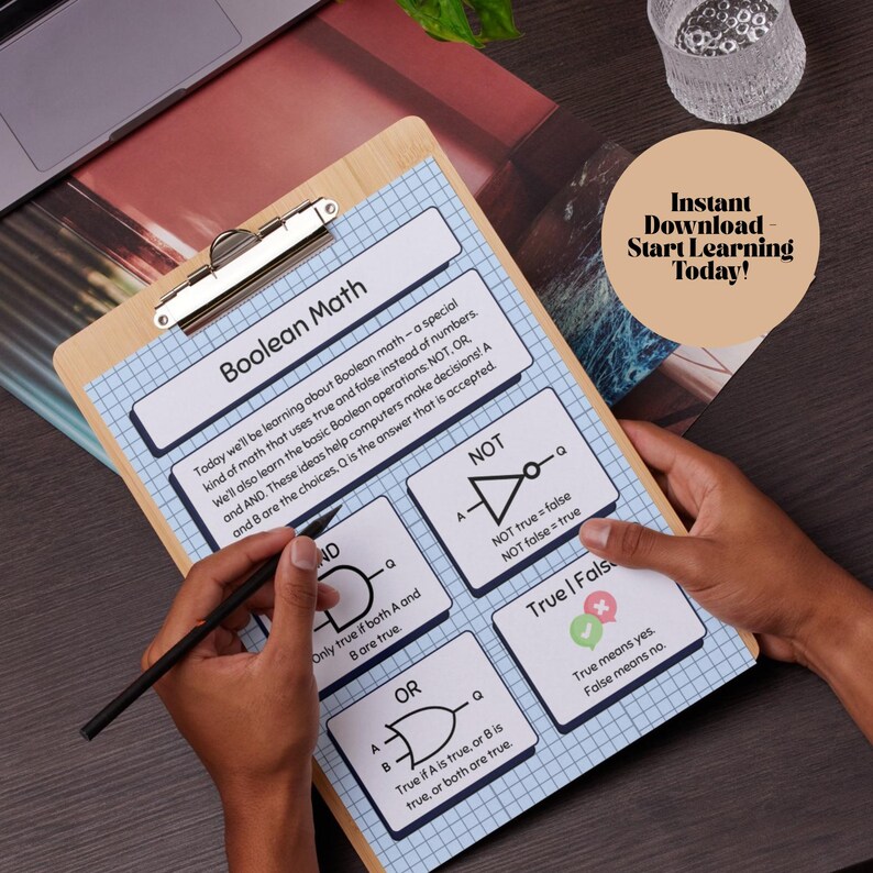 K&ouml;nnte beinhalten: Ein Holz-Klemmbrett mit blauem Rasterpapier mit dem Titel "Boolean Math" und Diagrammen von Logikgattern. Der Text erkl&auml;rt boolesche Operationen. Eine Hand h&auml;lt einen Stift, und ein beiger Kreis mit dem Text "Instant Download - Start Learning Today!" befindet sich im Hintergrund.