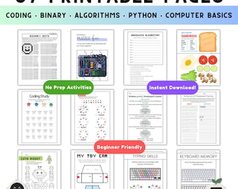 Computer Science Worksheets Bundle, Unplugged Coding Aktivitäten, 57 druckbare STEM Seiten für Kinder