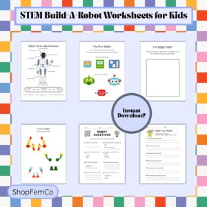 May include: A collection of STEM Build-A-Robot Worksheets for Kids. The worksheets include robot parts identification, building a robot, and answering robot questions. The image has a blue background with colorful borders and the text "Instant Download!"
