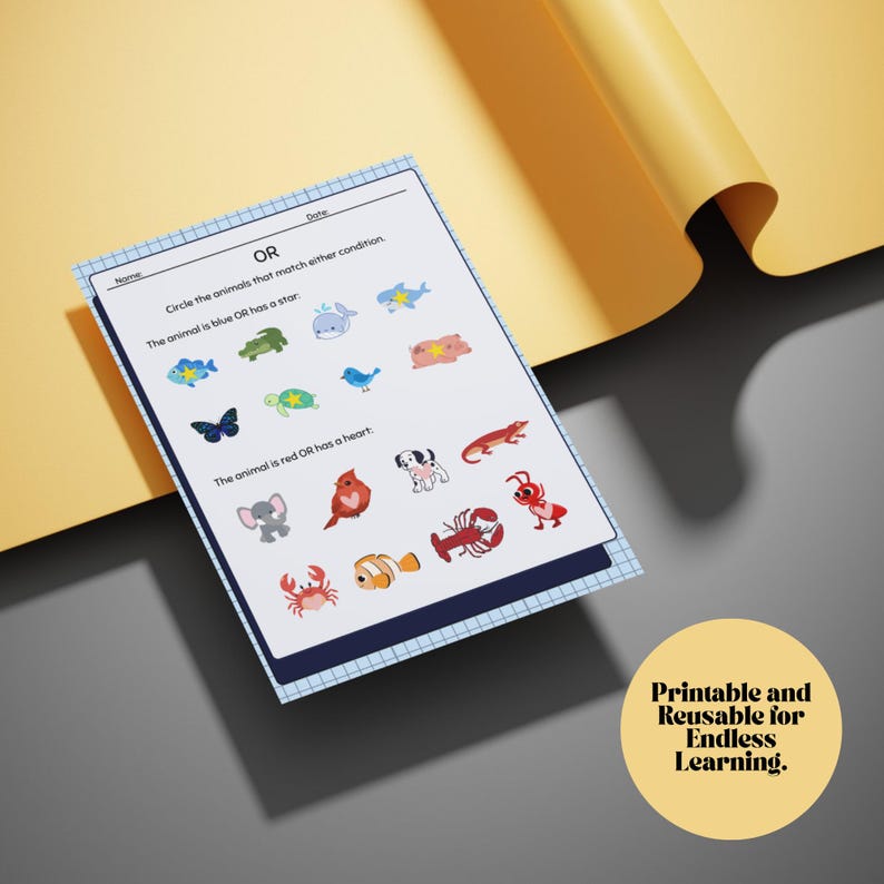 K&ouml;nnte beinhalten: Ein Arbeitsblatt mit dem Text "ODER" und Anweisungen zum Einkreisen von Tieren basierend auf Farbe oder Merkmalen. Das Arbeitsblatt zeigt farbenfrohe Illustrationen verschiedener Tiere, darunter Fische, ein Schmetterling und ein Hummer. Ein gelber Kreis mit dem Text "Druckbar und wiederverwendbar f&uuml;r endloses Lernen."