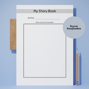 May include: A blank "My Story Book" with space for the author and a drawing. The book is on a light blue background with a wooden accent on the left. A pencil with a pink eraser rests on the right. A gray circle with the text "Boosts Imagination" is on the right.