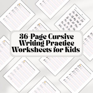 Può includere: Una raccolta di fogli di lavoro bianchi per la pratica della scrittura corsiva per bambini. I fogli di lavoro presentano linee rosse e blu per esercitarsi a scrivere, con esempi di lettere e parole. L'immagine centrale recita "36-Page Cursive Writing Practice Worksheets for Kids."