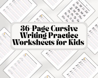 May include: A collection of white cursive handwriting practice worksheets for kids. The worksheets feature red and blue lines for writing practice, with examples of letters and words. The central image reads "36-Page Cursive Writing Practice Worksheets for Kids."