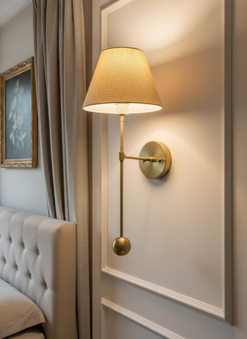 May include: A wall-mounted brass lamp with a beige fabric shade. The lamp has a long, slender arm and a round base. The design is minimalist and elegant, suitable for a bedroom or living room.