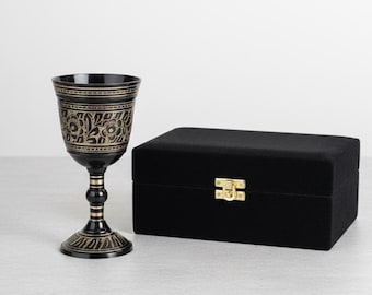 Embossed Black Brass Wine Goblet with Velvet Gift Box