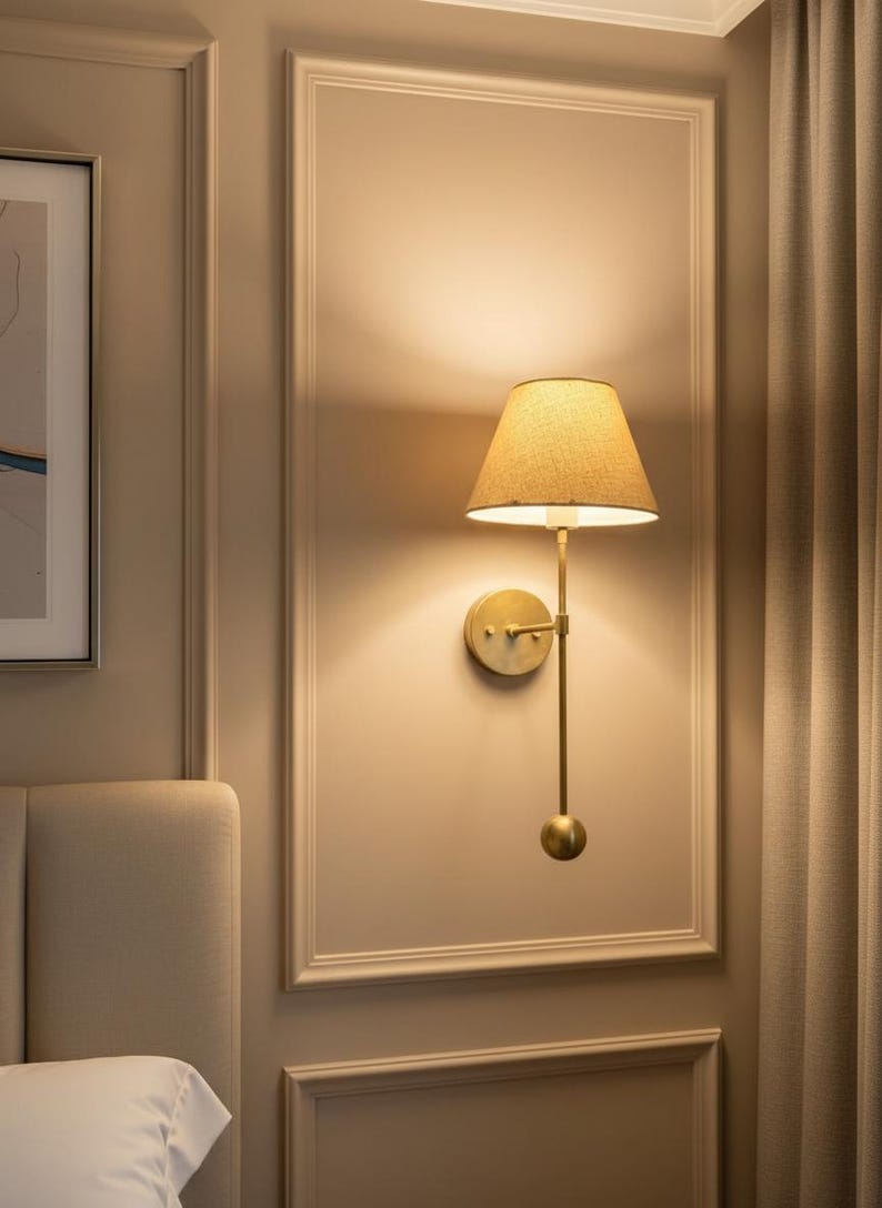 May include: A wall-mounted brass lamp with a beige lampshade. The lamp has a long, slender arm and a round base. The wall behind the lamp is painted a light beige color, and the lamp is positioned in a decorative panel.