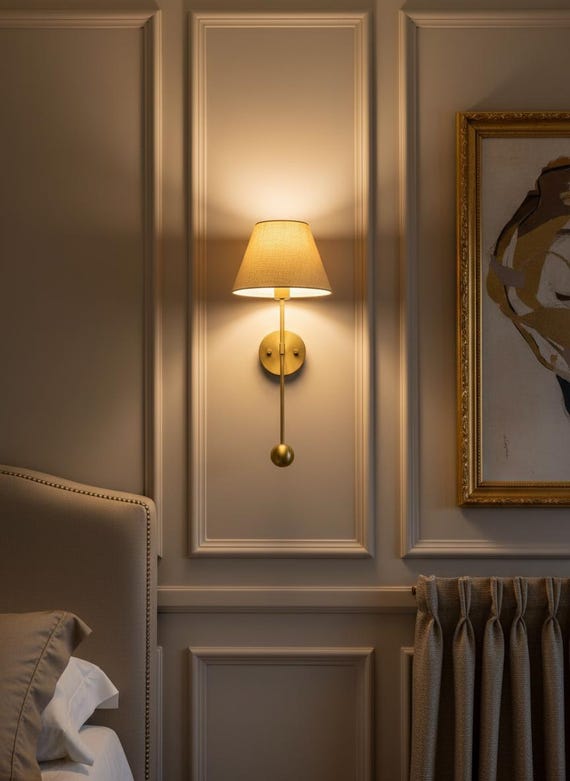 Oltuss Brass Wall Lamp with Fabric Shade | Classic Wall Sconce for Bedroom & Home Decor