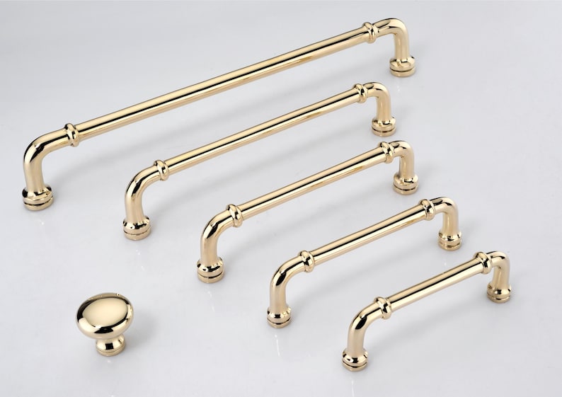 Unlacquered Polished Brass Cabinet Pulls With Bevel Backplate - Stepped Collar Style Solid Brass Handles. image 11