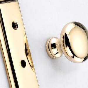 May include: A polished brass door knob with a smooth, rounded, oval-shaped handle and a matching rectangular backplate featuring two circular screw holes. The hardware has a reflective, metallic gold finish and a clean, simple design.