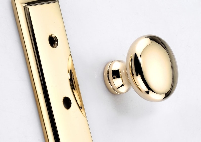 May include: A polished brass door knob with a smooth, rounded, oval-shaped handle and a matching rectangular backplate featuring two circular screw holes. The hardware has a reflective, metallic gold finish and a clean, simple design.