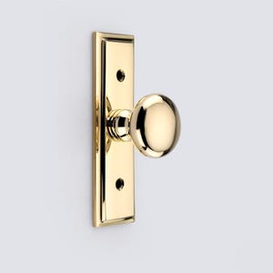 May include: A polished brass door knob set featuring a round, spherical knob attached to a rectangular backplate with beveled edges. The backplate includes two circular screw holes positioned vertically above and below the central knob mechanism.