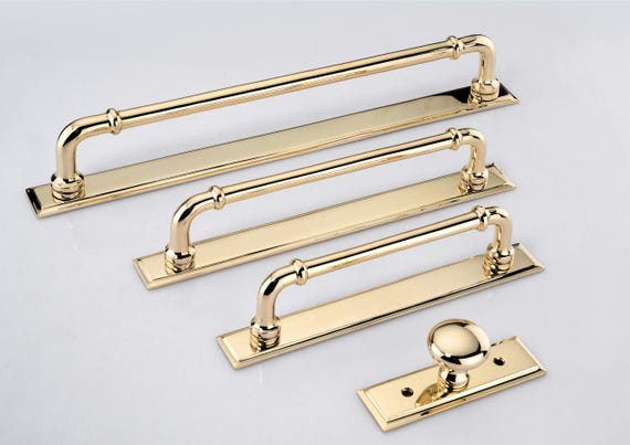 Unlacquered Polished Brass Cabinet Pulls With Bevel Backplate - Stepped Collar Style Solid Brass Handles.