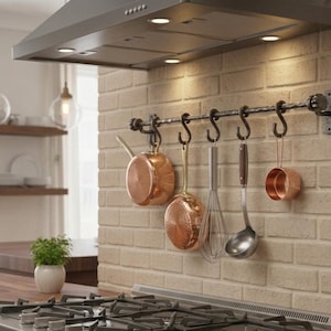 Hand-Wrought Iron Pot Rack, Rustic Kitchen Wall Organizer with  Hammered Texture Hooks