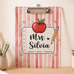 Personalized Teach Love Inspire Acrylic Clipboard, Pink Watercolor Striped Teacher Desk Board, Apple Pencil Educator Gift,Grading Stationery