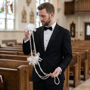 May include: A white wedding unity braid with pearl accents and a white rose. The braid is held by a person wearing a black tuxedo with a bow tie, in a church setting.