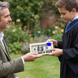 May include: A person hands a graduation gift to a graduate. The gift is a novelty item resembling a $100 bill, with a blue graduation cap and the text "Class of 2026". The graduate wears a black graduation gown with a blue sash.