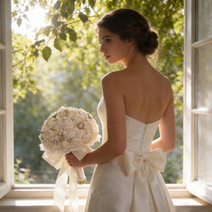 Puede incluir: Vestido de novia color marfil sin tirantes con un gran lazo en la espalda. La novia sostiene un ramo de rosas color crema y adornos decorativos. El ramo está atado con una cinta color crema. El fondo es un jardín soleado.