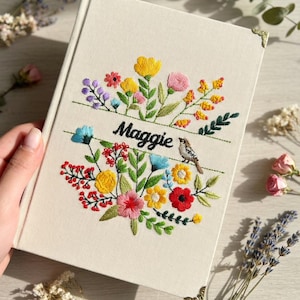 Personalized Embroidered Journal, Floral Bird Linen Notebook, Custom Initial Stationery, Aesthetic Botanical Gift for Her