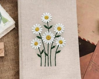 Daisy Embroidered Journal Notebook A6 A5, Fabric Hard cover Notebook, Vintage Flower Notebook, Daisy Journal, Personalized Gift