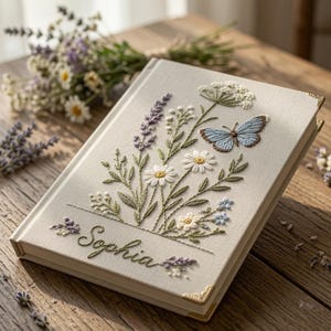 May include: A cream-colored fabric-covered journal featuring embroidered wildflowers, lavender sprigs, and a blue butterfly. The name Sophia is embroidered in cursive script on the front cover, which is accented with gold-toned metal corner protectors.