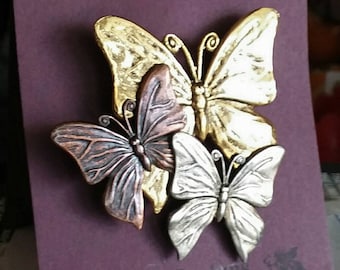 Trio of Butterfly Brooch: Antique Gold, Silver & Copper Pin