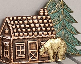 Up North Cabin with Bear and Tree Brooch, a Studio BZ original