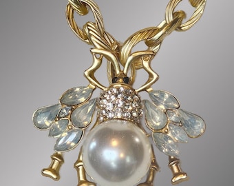 Queen Bee Pearl Pendant and Crystal Necklace - Elegant Jewelry