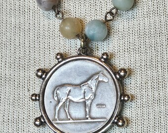 Horse Coin Pendant Suspended from Amazonite Gemstone Link Necklace