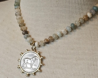 Equestrian - Horse Coin Pendant Suspended from Amazonite Gemstone Hand-Knotted Necklace