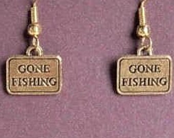 Gone Fishing Sign Earrings: Angler Gift, Antique Finish