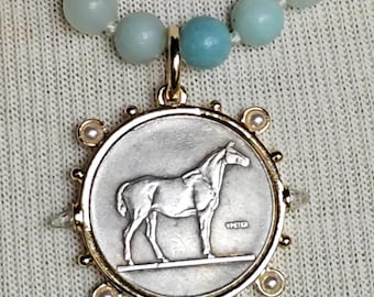 Horse Coin Pendant with Accents of Pearl and Crystal Spikes Suspended from an Amazonite Gemstone Necklace