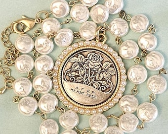 Elegant Replica Rose Coin Pendant Framed in Pearls with Coin Pearl Necklace