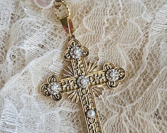 Ornate Cross Pendant: Crystal and Pearl Gold Cross Pendant on Coin Pearl Necklace