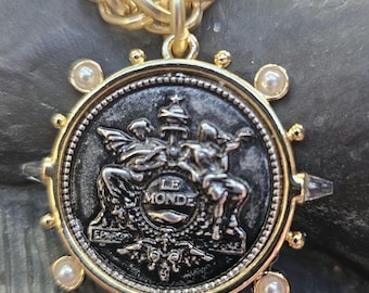 LE MONDE French Coin Pendant with Clear Spike and Round Pearl Accents 1875 Replica