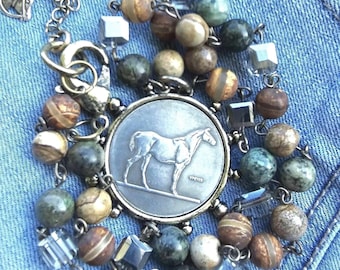Equestrian Horse Coin Pendant Necklace - Equestrian Jewelry Statement Piece - Gemstone and Crystal  Beads