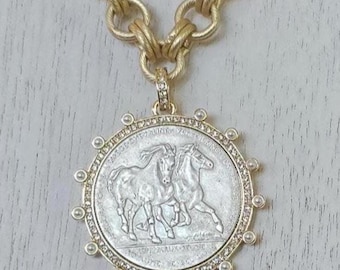 Belgian Hainaut Horse Coin Pendant – CZ and Pearl Accents, Silver or Gold Bezel
