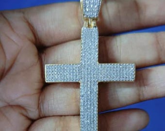 CZ Diamond Cross Pendant, 925 Sterling Silver Men's Charm, 14k Yellow Gold Plated