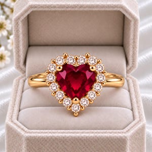 Op de afbeelding: Een gouden ring met een centraal hartvormige rode edelsteen, omringd door een halo van kleine ronde witte steentjes. De ring wordt gepresenteerd in een beige fluwelen juwelendoosje met een scharnierend deksel en een zachte, gevoerde binnenkant.