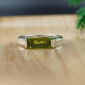 Peridot Long Bar Ring ~ 925 Sterling Silver Men's Signet Ring ~ Handmade Silver Baguette Peridot Ring For Women's ~ 14k Gold Signet Bar Ring