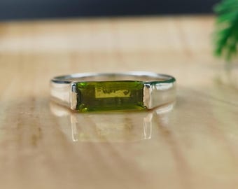 Peridot Long Bar Ring ~ 925 Sterling Silver Men's Signet Ring ~ Handmade Silver Baguette Peridot Ring For Women's ~ 14k Gold Signet Bar Ring